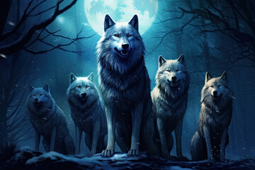 Enchanting Illustration of a Wolf Pack under the Moonlit Sky Created with Generative AI