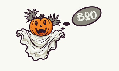 Pumpkin head kawaii flying ghost. Happy Halloween. Cute cartoon spooky character.  Boo Bubble. Vector illustration