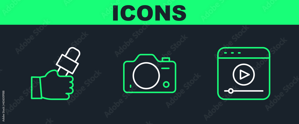 Poster set line live stream, journalist news and photo camera icon. vector