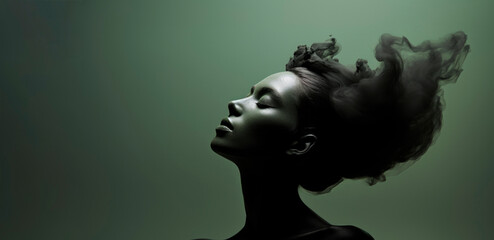 Shilajit powder floating around woman's long hair. Medical adaptogen supplement background. AI generated image