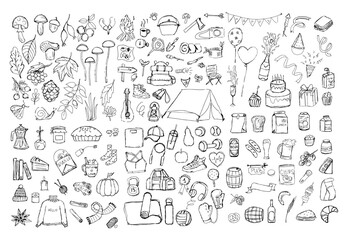 hand drawn sketch set. beer, camping, school lunch, birthday, autumn.