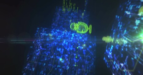 Microphone podcast online and on air record live broadcast symbol abstract cyber concept. Digital technology background seamless and loopable dynamic 3d animation.