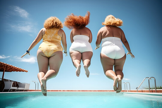 three body positive women plus size in bikini rear view jump into the pool generated AI