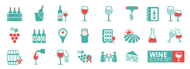 Set of wine icons, such as grape, cheese, barrel, bottle, and glass. Vector Solid icon style.