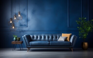 Blue Sofa and Empty Dark Blue Wall Background Interior. Generative AI