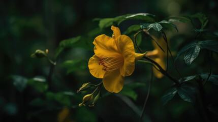 Obraz premium Yellow flower of golden trumpet vine plant.