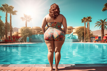 woman plus size in bikini in pool generated AI - obrazy, fototapety, plakaty