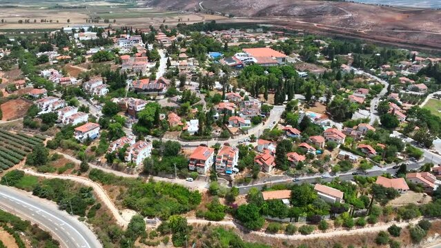 Aerial view of Metula skyline in houses in northern Israel
