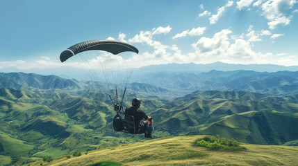 Nomad on glider, soaring above green hills, contemplating the expanses of the world.Inspirational, with landscape and freedom. Banner. Generative Ai content.