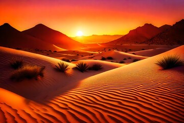 Fototapeta na wymiar sunset in the desert, Vibrant sunset at the desert scene with a hill and colorful land