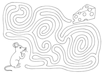 Mouse goes to the cheese maze graphic black white sketch illustration vector