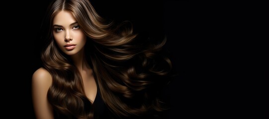 Beautiful model girl with Golden dark hair. Care and beauty hair products