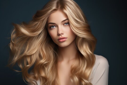 Beautiful model girl with Golden Blonde hair. Care and beauty hair products