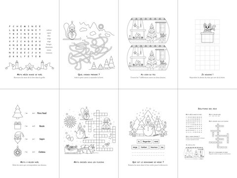 Set of seven games. Christmas Theme. Game and coloring page for kids. French language. Vector illustration. Set No. 1.