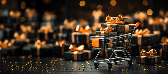 Black friday concept background Black friday online shopping concept with cart and gifts - obrazy, fototapety, plakaty