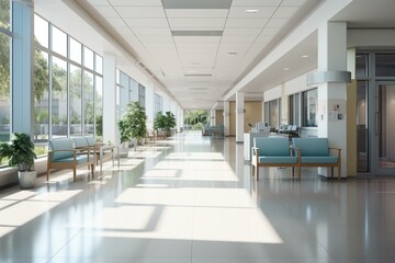 Hospital hallway with seating for patients. Generative AI