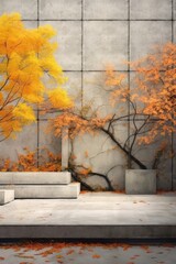 Plants and trees in autumn colors in a secluded concrete clad urban garden. 