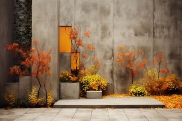 Plants and trees in autumn colors in a secluded concrete clad garden. High walled area in urban environment. Landscape oriented photography.