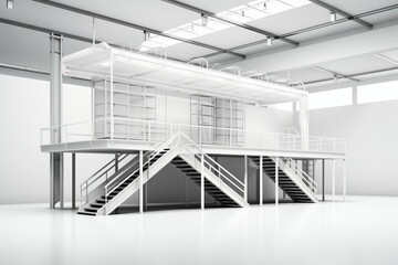 An isolated, white mezzanine for warehouse or factory use, featuring temporary design, stairs, and industrial equipment in 3D. Generative AI