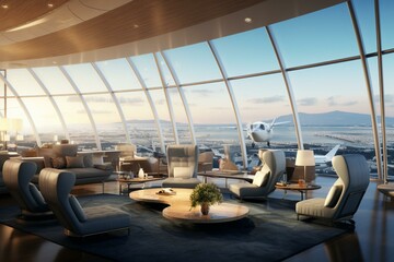 Contemporary airport lounge with abundant seating and a panoramic view of aircraft. Generative AI
