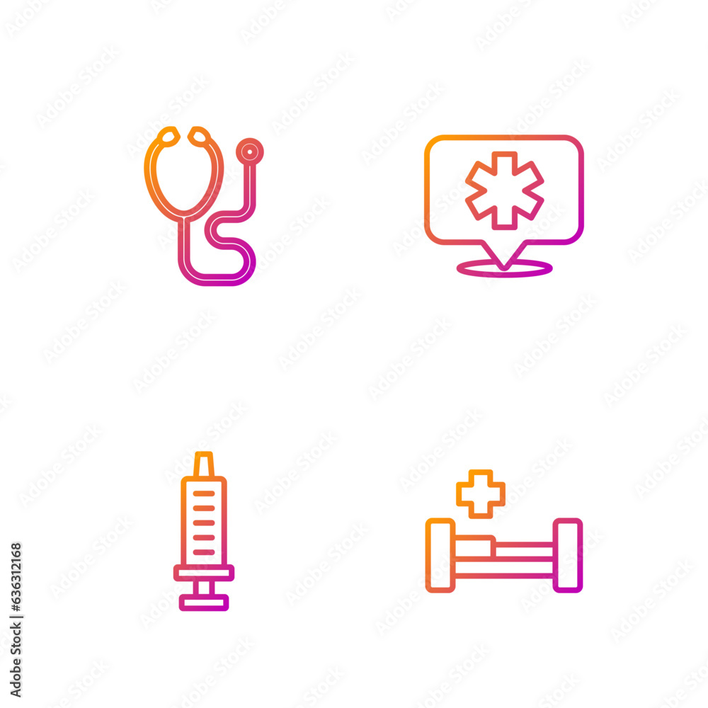 Sticker set line hospital bed, syringe, stethoscope and location hospital. gradient color icons. vector