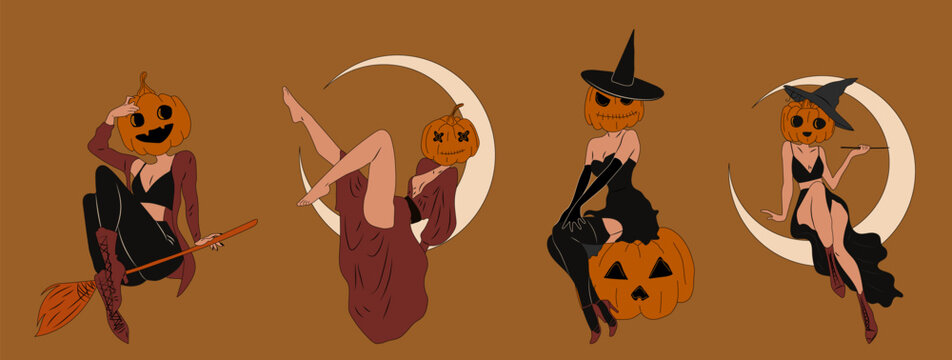 Set of four Witches in Halloween costume. Pumpkin. Cute ladies. Pin-up, retro style. Halloween costume concept. Hand drawn modern Vector illustration.