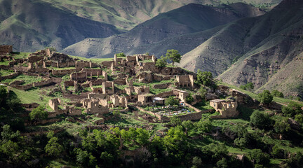 Fototapeta na wymiar Mountain landscapes with terraces in Dagestan, Russia, May 2023