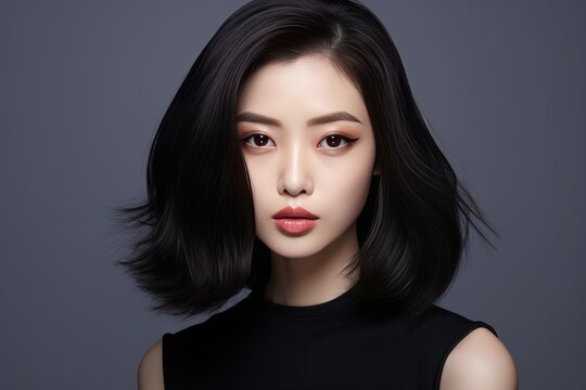 Photo of a beautiful Asian model with short, straight, and shiny hair. Brunette woman with a straight hairstyle.