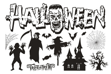 Halloween party set logotypes monochrome