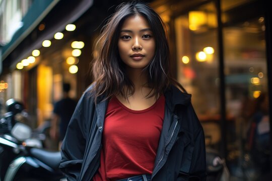 Beautiful Asian Model In Natural Pose, Clothes And Casual Style