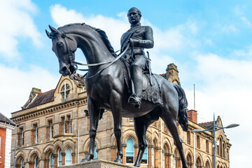 Fototapeta na wymiar The Bronze sculpture of Prince Albert on horseback, royal consort to Queen Victoria, stands in Queens Square in the the city of Wolverhampton