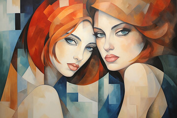 cubism portrait of two women. abstract wall art.painting in the interior. a modern poster. Generative AI - obrazy, fototapety, plakaty