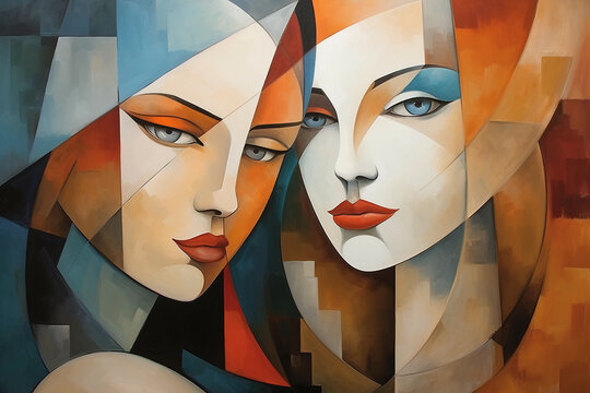 cubism portrait of two women. abstract wall art.painting in the interior. a modern poster. Generative AI