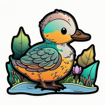 Duck sticker design graphic for t-shirt, cute, happy, kawaii style, colorful, clear outline