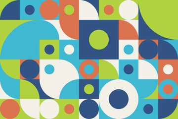 Geometric flat, bright mosaic tracery seamless pattern with semicircle, circle, and square