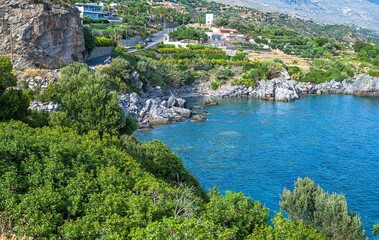 Beautiful view panoramic beaches of Crete island. Plakias on south. Greece