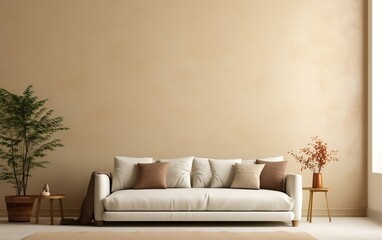 Fototapeta na wymiar Simplistic Interior Beige Sofa with Vacant Beige Wall. Generative AI