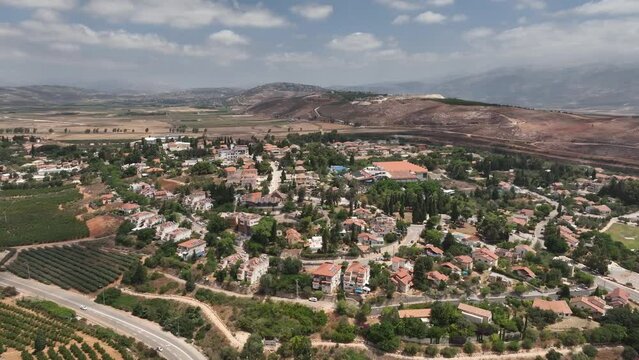 Aerial view of Metula skyline in houses in northern Israel