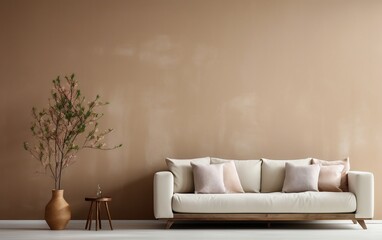 Fototapeta na wymiar Simplistic Interior Beige Sofa with Vacant Beige Wall. Generative AI