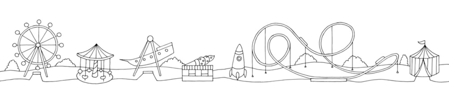 Amusement park landscape graphic black white long sketch illustration vector 