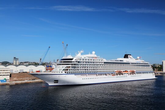 KRISTIANSAND, NORWAY - JULY 31, 2020: Viking Jupiter cruise ship in Kristiansand harbor, Norway. The cruise ship was built in famous Italian shipyard Fincantieri.