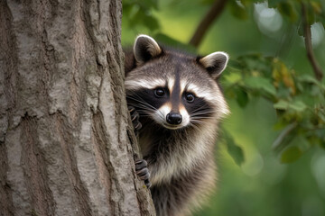 Little baby racoon hiding in the woods