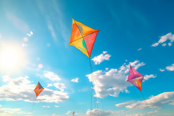 A beautiful kite flies in the sky. Children launch a kite. Kite day