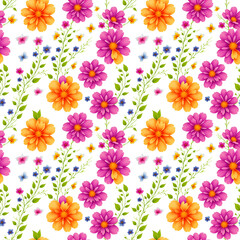 Hawaii seamless floral pattern, textile flowers elements, colorful floral, white background, violet flower, purple flower, wallpaper, daisy, Straw / wild flowers set blooming, vibrant reds, yellows,