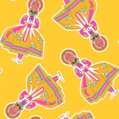 Risograph style Decorated Indian Kathakali dancer. Happy Onam. Seamless background pattern