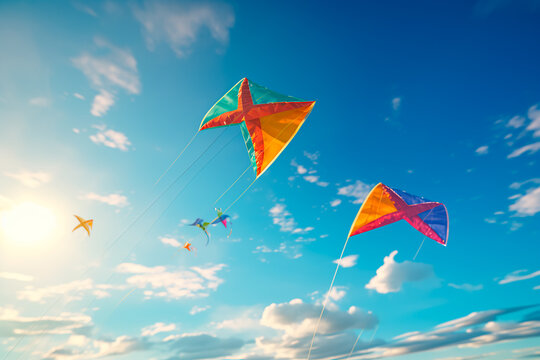 A beautiful kite flies in the sky. Children launch a kite. Kite day