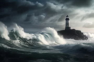 Foto op Canvas Beautiful lighthouse in the middle of stormy sea. © Umka art