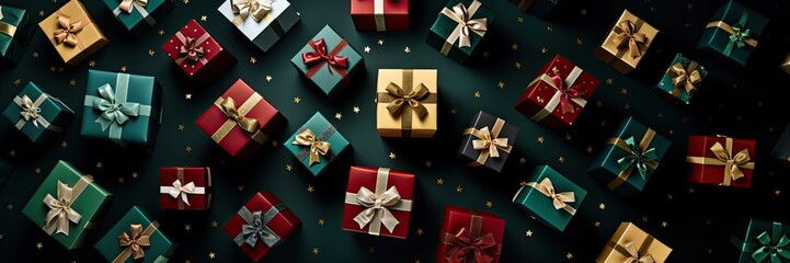 Banner of Many gift boxes with bows on dark table. Top view, flat lay.