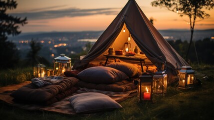 Generative AI, romantic camping with lantern lights, pillows, blanket. City view in the evening