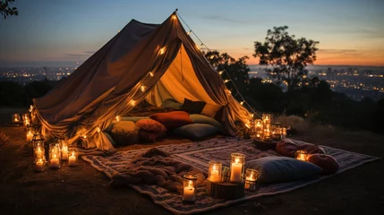 Fotobehang Generative AI, romantic camping with lantern lights, pillows, blanket. City view in the evening © DELstudio